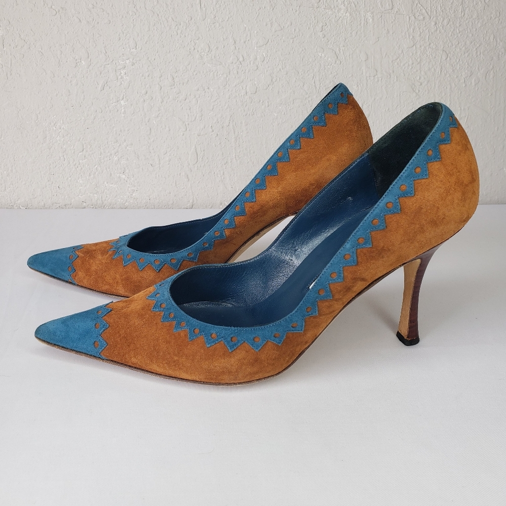 Manolo Blahnik Teal Tan Heels Pointy Toe - Picture 7 of 12